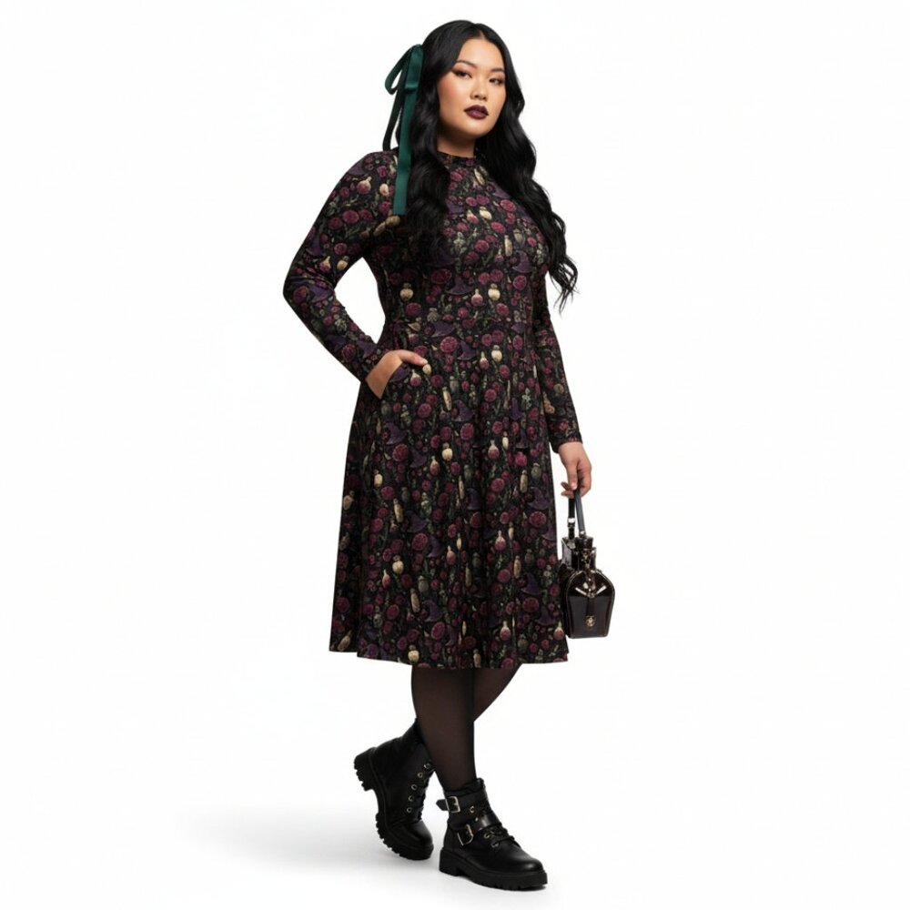 Whimsigoth Witchy Goth Long Sleeve Midi Dress